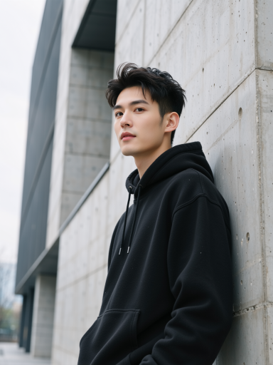 休闲运动套装，黑白配色，连帽卫衣搭配运动裤，正面展示，户外自然光